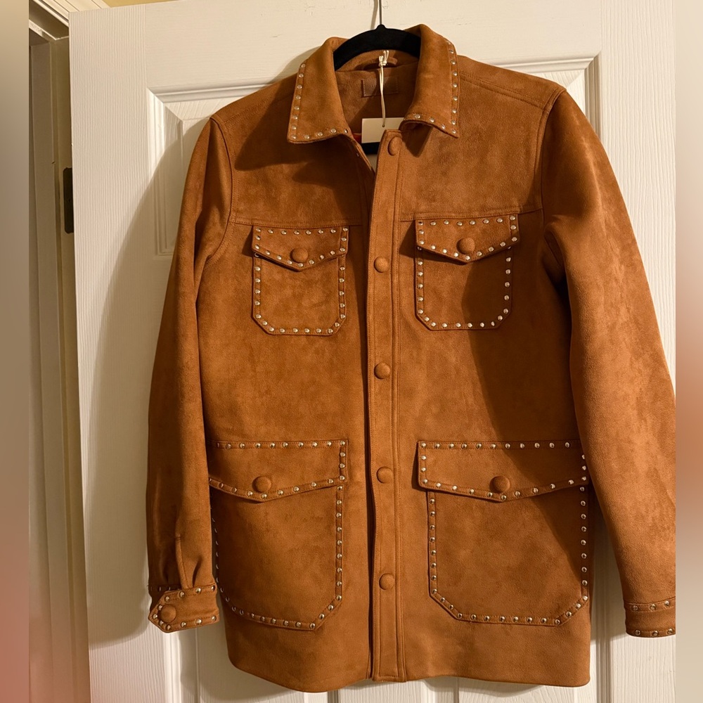 Studded Faux Suede Jacket - Brown - Picture 2 of 8